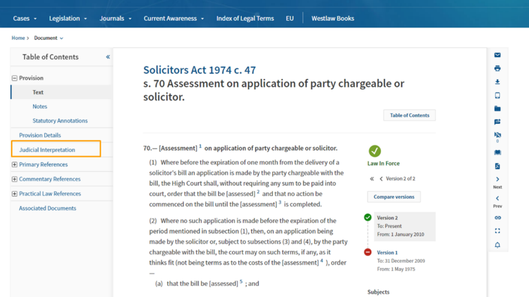 Westlaw Edge UK Judicial Interpretation Screenshot detailing table of contents.