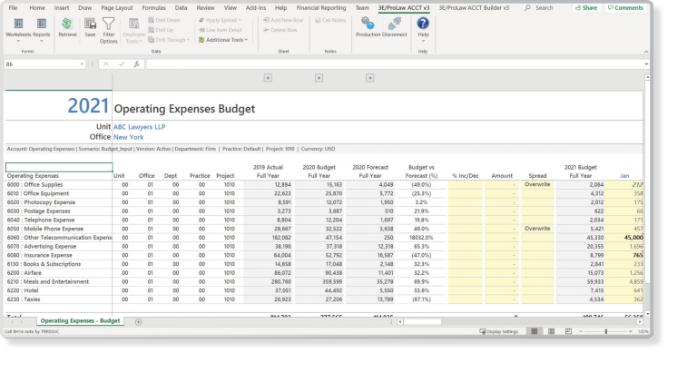 Example interface of the Advanced Financial Solutions from Thomson Reuters with a focus on budgeting and forecasting