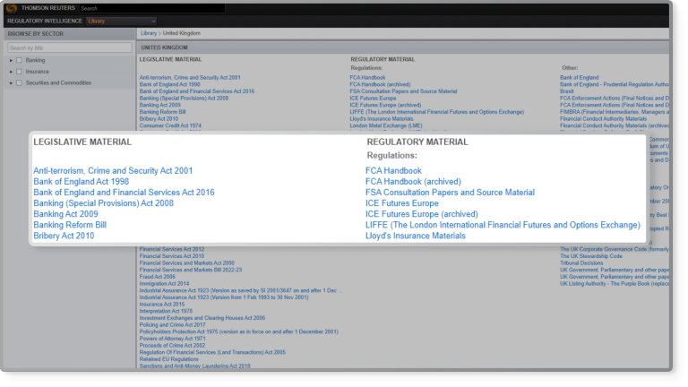 Regulatory Intelligence screenshot of library list