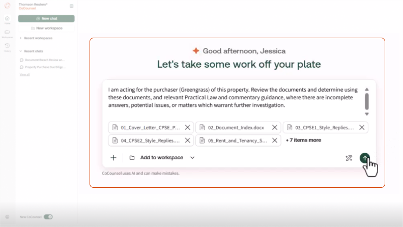 Screenshot of CoCounsel Legal UK chat screen
