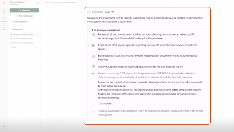 Screenshot of CoCounsel Legal UK showing step by step approach.