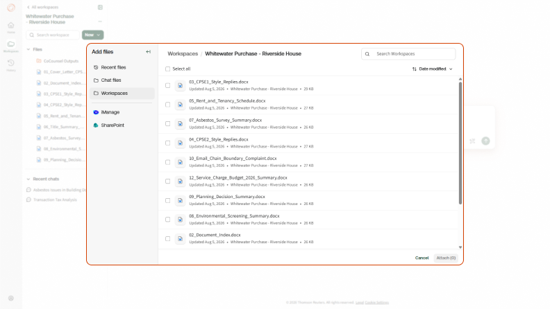 Screenshot of CoCounsel Legal UK Workspaces screen